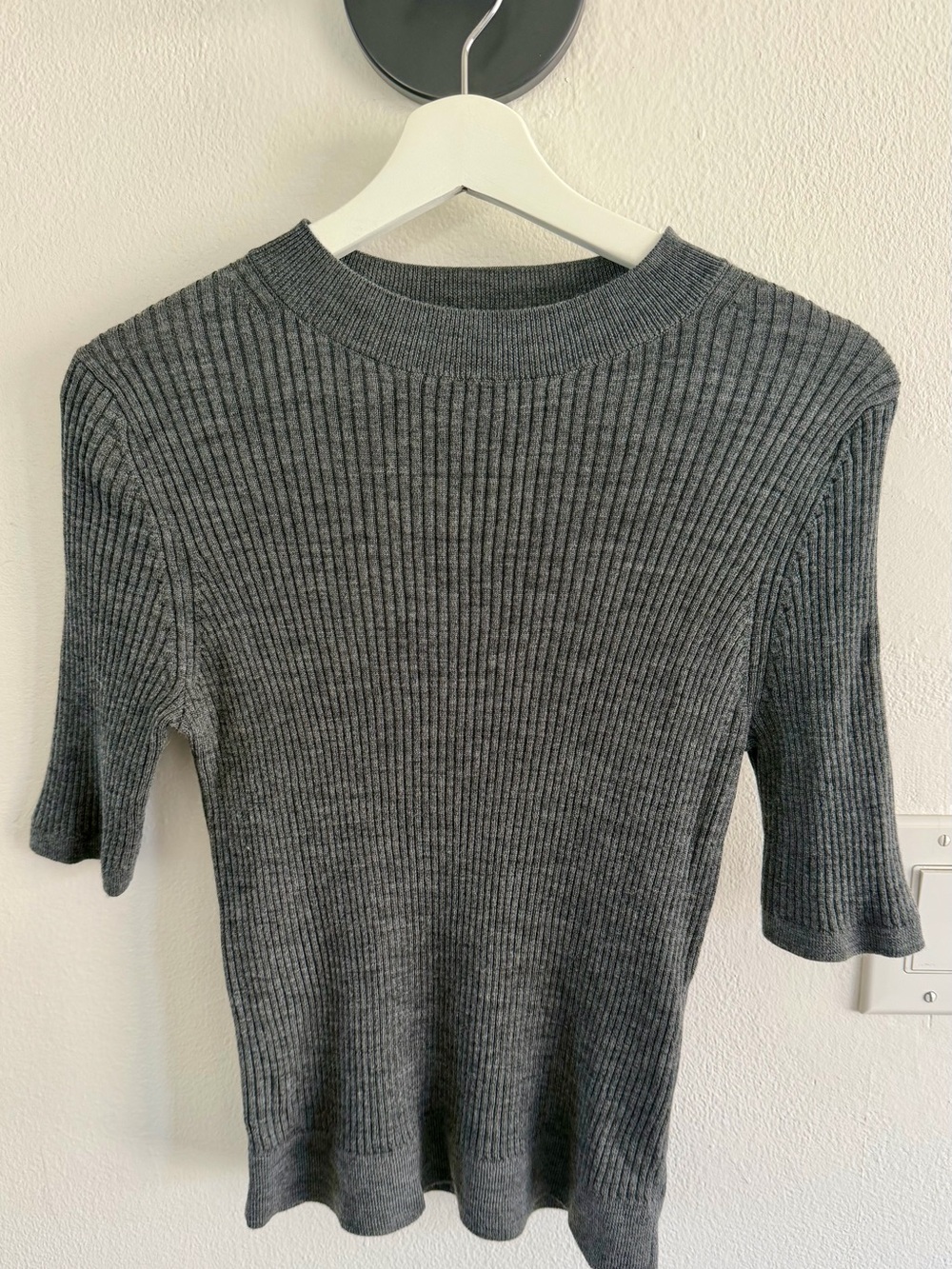 Uniqlo Charcoal Ribbed Short-Sleeve 100% Wool Top